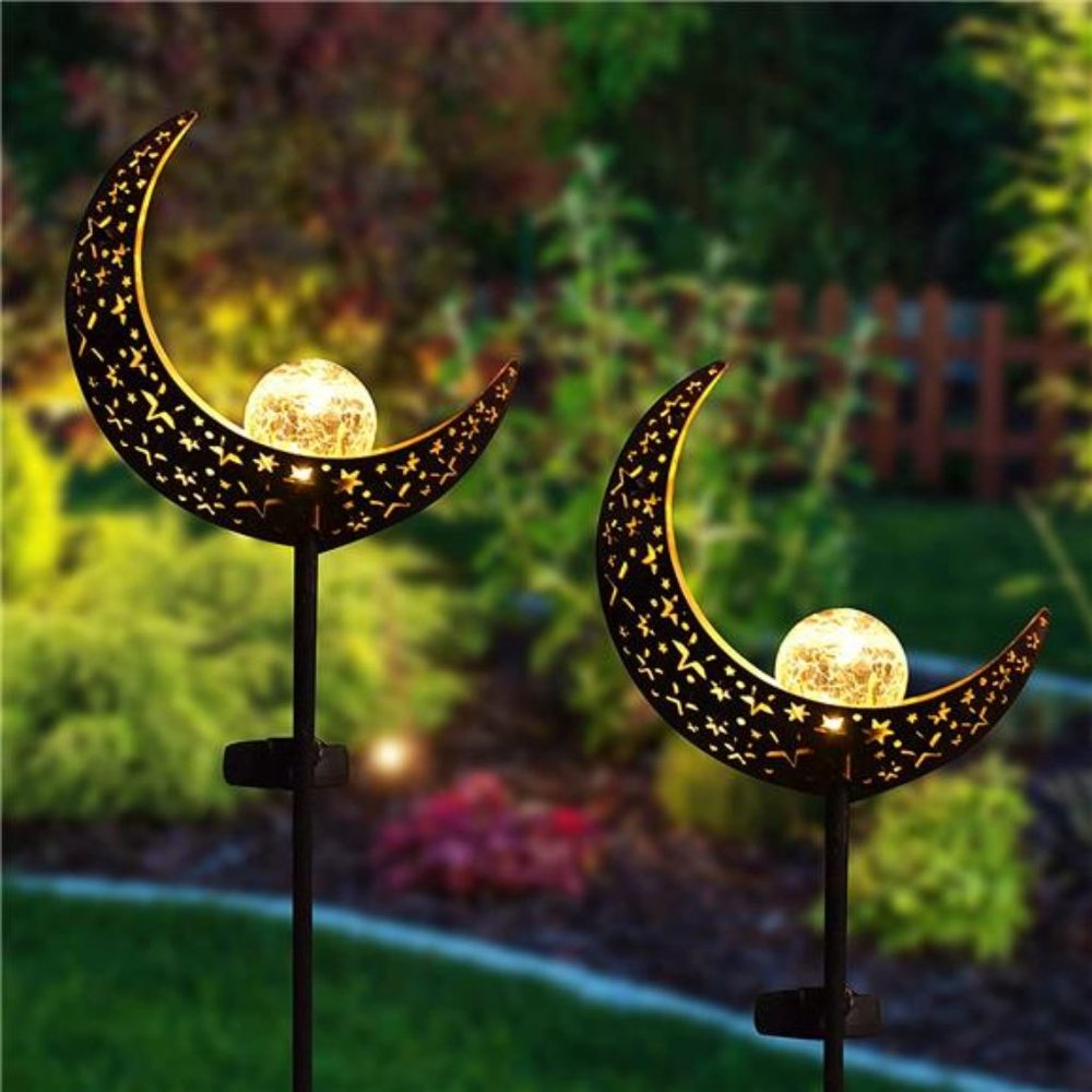 2 Pack Solar Garden Lights,Outdoor Crescent Moon Crackle Glass Globe Stake Light